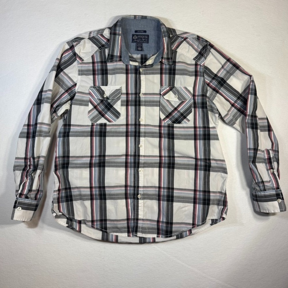 American Rag -Men's XX Large White Blue Red Plaid Button Down Long Sleeve Shirt